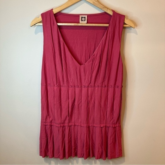 Anne Klein Blouse Womens Large Red Sleeveless Shirt Tank Ruffle Pattern Pleated - Picture 1 of 10